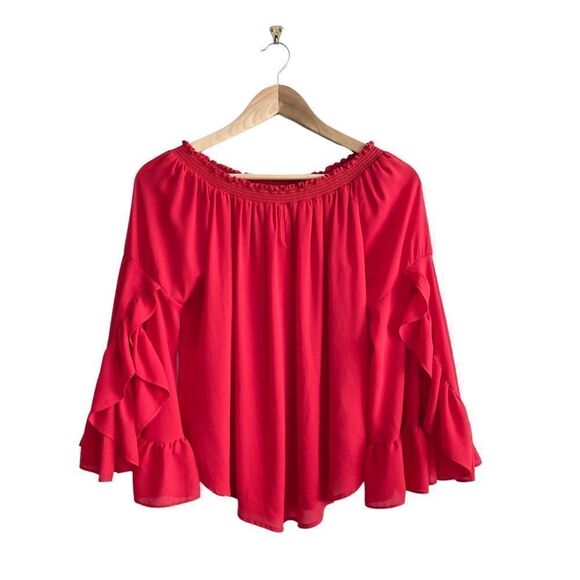 JOSEPH RIBKOFF Off The Shoulder Tulip Sleeve Red Blouse Women's 8 - Picture 2 of 8